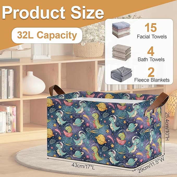 Decorative 32L Space Dinosaur Storage Bins with Handles, Organization and Storage, Cube Storage Organizer for Hamper, Nursery