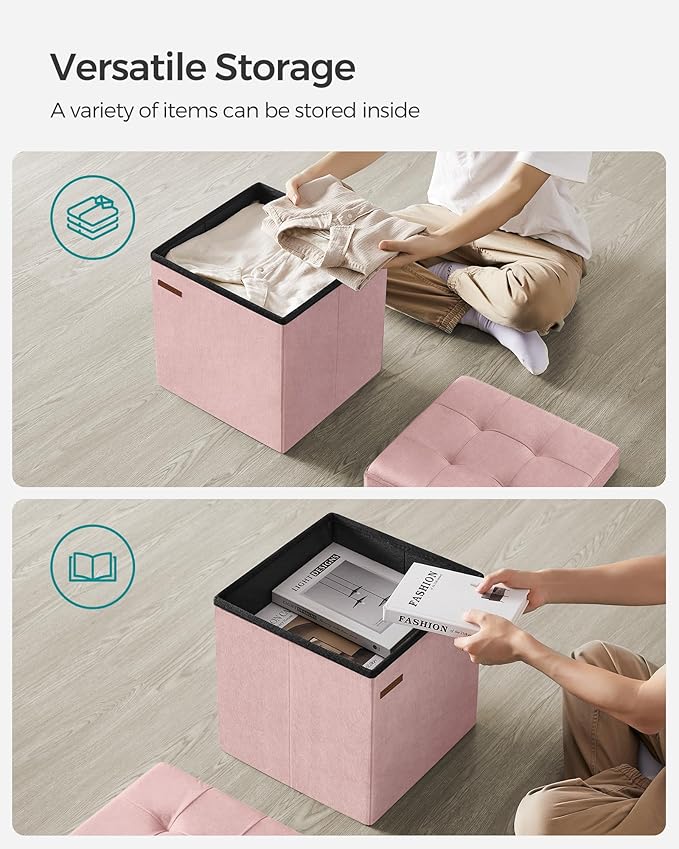 SONGMICS Small Storage Ottoman, Folding Ottoman Cube, 15 x 15 x 15 Inches, Footstool, Footrest, 11 Gal. (43 L), Velvet Surface, for Bedroom, Living Room, Dorm, Jelly Pink ULSF227R01