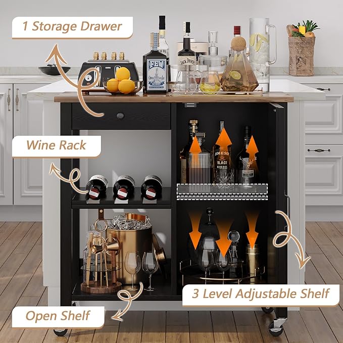 4 EVER WINNER Rolling Kitchen Island Cart with Storage, Bar Cart with Wine Rack and Adjustable Shelves, Small Kitchen Island on Wheels for Kitchen,Black