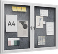 48"x36" Lockable Enclosed Bulletin Board, Outdoor Flet Weather-Resistant Aluminum Frame Notice Board, Wall Mounted Display Case Acrylic Doors for School,Office,Silver Frame w/Grey Flet
