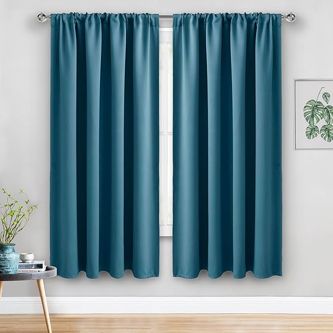 JIUZHEN Blackout Curtains for Bedroom - Thermal Insulated Room Darkening Noise Reducing, 52 x 63 Inch Length Curtains for Living Room, Set of 2 Panels with Tiebacks, Stone Blue
