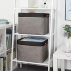 DULLEMELO Storage Bins 16"x12"x12" With Leather Handles for Organizing,Decorative Collapsible Storage Baskets for Shelves Closet Home Office (Black&Grey)