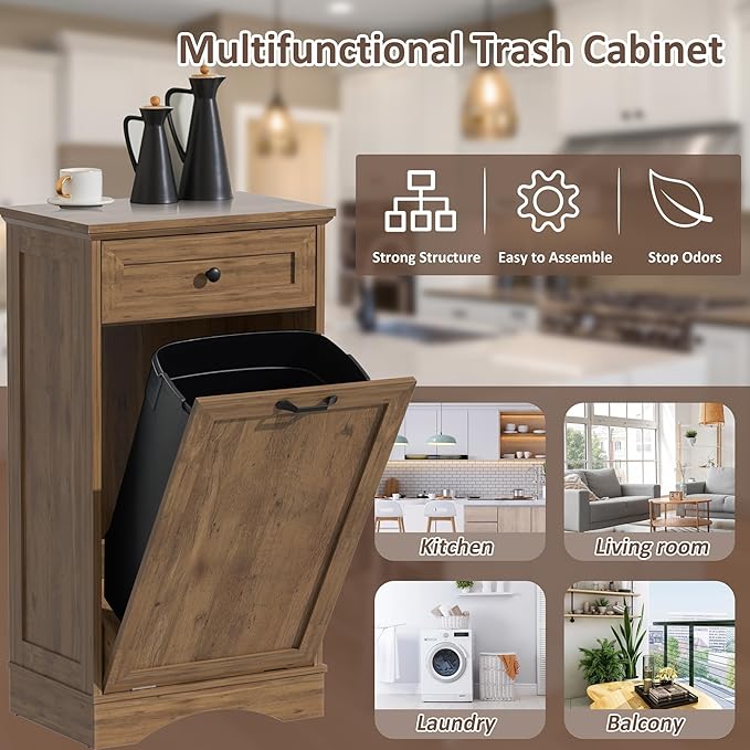 13 Gallons Tilt Out Trash Cabinet Freestanding Kitchen Trash Bin Cabinet Wood Garbage Recycling Cabinet with Hideaway Drawer Pet Proof Trash Can Holder for Kitchen Living Room, Dark Wood