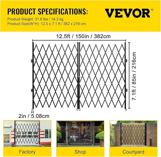 VEVOR Double Folding Security Gate, 87" H x 150" W Folding Door Gate, Steel Accordion Security Gate, Flexible Expanding Security Gate, 360° Rolling Barricade Gate, Scissor Gate or Door with Keys