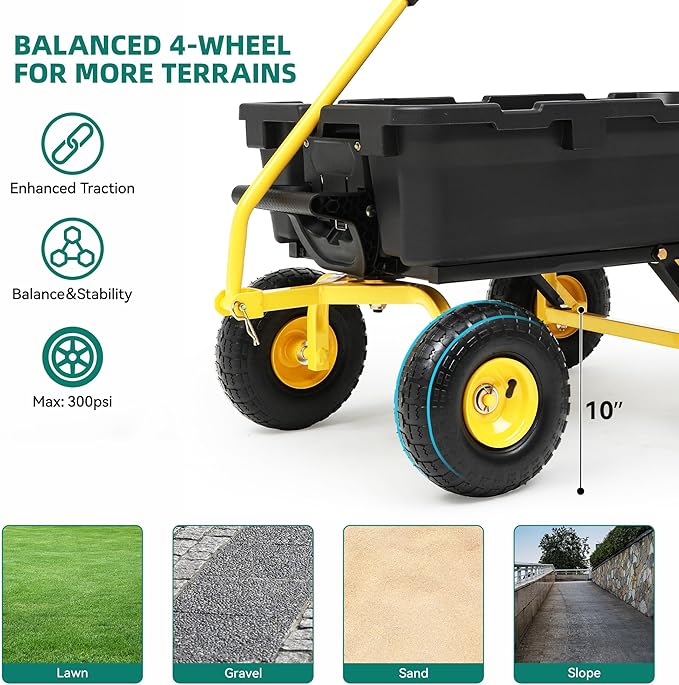 800lbs Garden Dump Cart, Heavy Duty Yard Dump Wagon with 10" Pneumatic Tires, Utility Wheelbarrow cart for Yard, Farm and Garden Daily Hauling, Ideal
