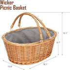 Wicker Picnic Basket with Double Folding Handles, Natural Large Willow Hamper Empty Basket Cheap Easter Eggs Candy Storage Wine Basket for Toy, Flower, Wedding（Grey 16inch）