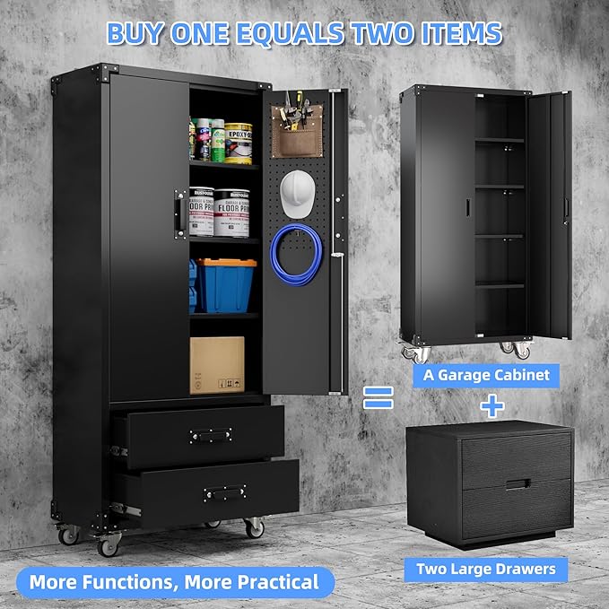 Aobabo Upgraded Metal Garage Storage Cabinet with Wheels and 2 Drawers, Lockable Rolling Tools Cabinet with Pegboards and Hooks,Assembly Required,Black