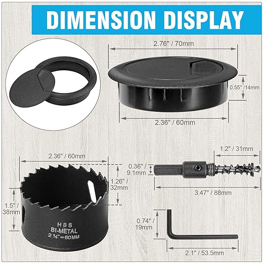 2-3/8" Spring Desk Grommet, JTemgle Plastic Cable Hole Cover with Hole Saw Computer Table Cord Wire Organizer Caps Desktop Cord Management for Home Office TV Stands Tabletops - Black, 7 Pcs