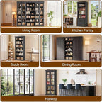 Vyre 70.8" Tall Farmhouse Bookshelf with Glass Doors, Modular Bookcase with 6-Tier Adjustable Shelves, Large Storage Cabinet for Kitchen, Living Room, Black, Set of 2