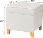 Adeco 17.5" Square Fabric Ottoman with Storage - Upholstered Cotton Linen Foot Rest - Flip Top Footstool with Sturdy Wood Legs, Small Cube Coffee Table Extra Seat for Living Room, Bedroom, White