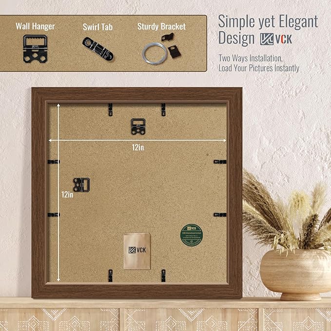 VCK 12x12 Picture Frame 5 Pack - Brown, High-End Wood Poster Frames with Tempered Glass, Display 8x8 Photo with Mat or 12x12 without Mat, Art Gallery-Quality, Wall Hanging, Brown