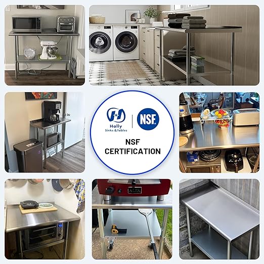Hally Stainless Steel Table for Prep & Work 24 x 48 Inches, NSF Commercial Heavy Duty Table with Undershelf and Backsplash for Restaurant, Home and Hotel