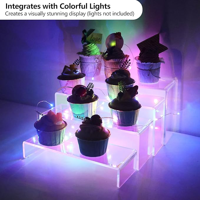 ELEGANTLIFE Acrylic Display Riser,4.3mm Heavy Duty Crystal Display Stand Shelf Layered Aesthetic, Jewelry Display Shelf Risers for Décor,4 Pack Set Multi-color (Iridescent)