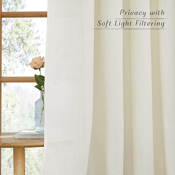 NICETOWN Thick Boho Curtains Linen Drapes for Living Room, Rustic Rod Pocket Semi Sheer Panels Privacy Assured Semi Sheer Linen Blend for Living Room/Bedroom, Off White, W55 x L95, 2 Panels