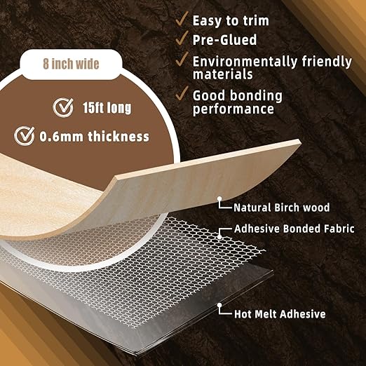 GSCIT Club Birch Wood Veneer, 8 inch x 15ft Wood Edge Banding Pre-glued Flexible, 7.87 inch Veneer Tape Banding for Cabinet Repair Furniture Restoration