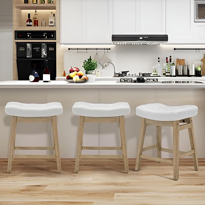 White Bar Stool for Kitchen Counter Island Counter Height Farmhouse Modern Barstool with Faux Leather Upholstered Backless Seat and Solid Wood Legs 24 inch Bar Chair