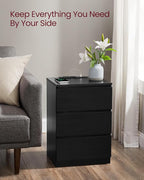 VASAGLE Nightstand with Charging Station, 2 AC Outlets and 2 USB Ports, Bedside Table, Side Table with 3 Drawers, Modern Style, 13.8 x 15.7 x 23.2 Inches, Ebony Black ULET631B58