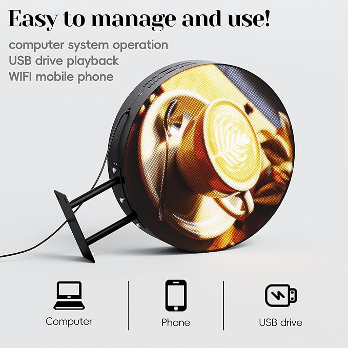 P2.5 Round Double-Sided LED Store Sign Programmable, Waterproof Full Color Custom Digital Display Screen, Video, Image, Text Signage Panel Board for Outdoor Business Advertising 20" Black