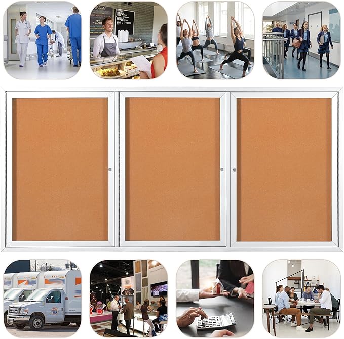 Outdoor Bulletin Board Weatherproof 72x36 in,Enclosed Bulletin Board with Locking Door, Wall Display Case for Office School Home Commercial, Silver Aluminum Frame, Cork