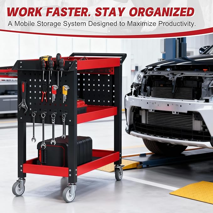 3 Tier Tool Cart on Wheels, Heavy Duty Metal Rolling with Drawers and Pegboards, 660 LBS Load Capacity Tool Storage Cart, Industrial Utility for Garage, Warehouse, Workshop