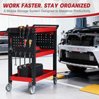 3 Tier Tool Cart on Wheels, Heavy Duty Metal Rolling with Drawers and Pegboards, 660 LBS Load Capacity Tool Storage Cart, Industrial Utility for Garage, Warehouse, Workshop