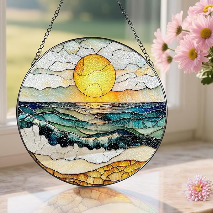 8-Inch Stained Glass Ornament, Stained Glass Window Hanging, Window Hanging Decor Suncatcher, Beach Sunset Ornament | Summer Vibes Gift | Gifts for Beach Lovers, Friend & Family