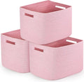 3 Pack Shelf Woven Storage Basket, 15 x 10 x 9” Closet Rope Baskets For Organizing, Square Bins with Handles, Pink