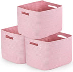 3 Pack Shelf Woven Storage Basket, 15 x 10 x 9” Closet Rope Baskets For Organizing, Square Bins with Handles, Pink