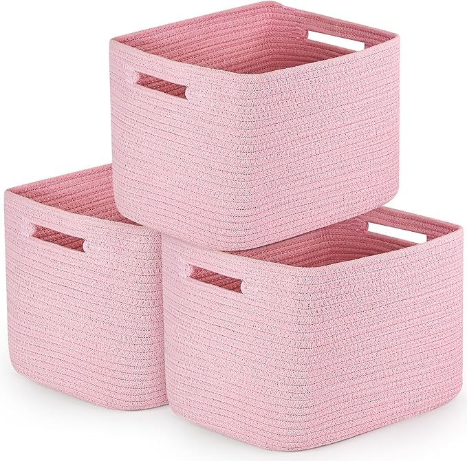 3 Pack Shelf Woven Storage Basket, 15 x 10 x 9” Closet Rope Baskets For Organizing, Square Bins with Handles, Pink