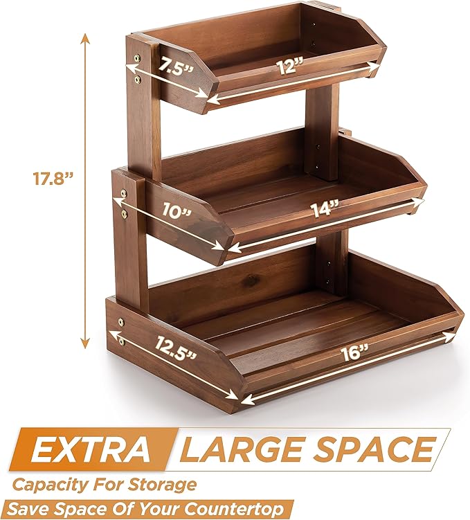HOLANA Acacia 3 Tier Fruit Basket for Counter – Wooden Fruit Bowl for Kitchen Counter Organizer & Produce Storage Wooden Basket, Snack Organizer for Countertop, Kitchen Counter Storage (Acacia)