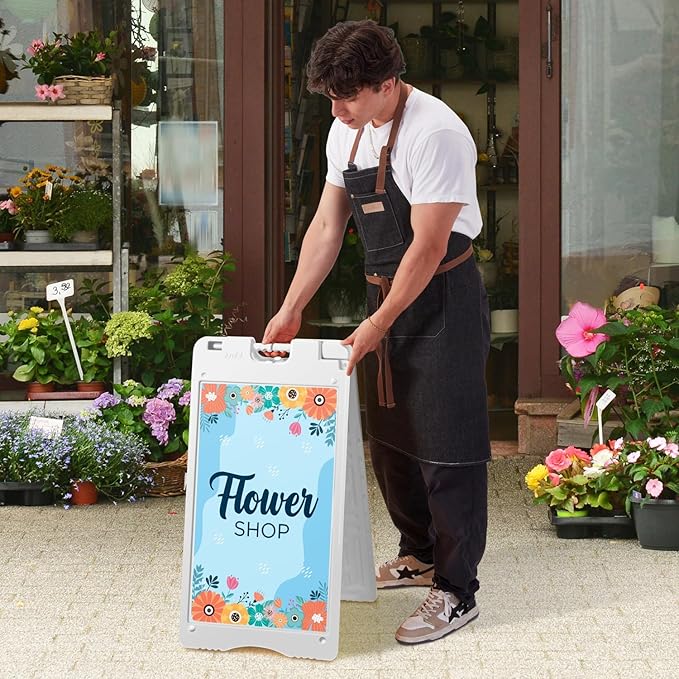 Jumbl A-Frame Signboard 15.7” x 26” Display Surface – Small Outdoor Sandwich Board w/Weather Resistant PVC Sign Protector & Sand Fill Holes – Dual Signage Stand for Storefront Sidewalk Curb (White)