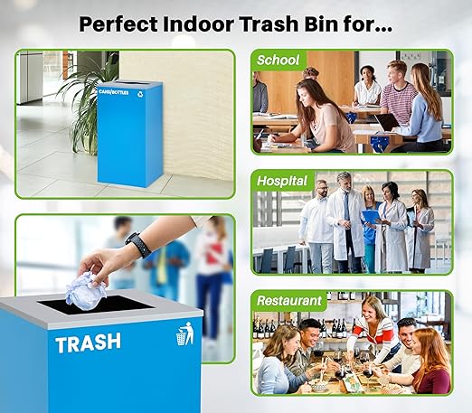 Alpine Industries 29 Gallon Commercial Indoor Recycle Bin with Lid, Blue Metal Container with Optional Lids