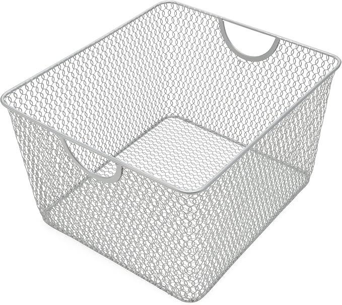 YBM Home Mesh Wire Storage Basket for Shelves, Pantry Organization, and Kitchen - Multipurpose Steel Wire Basket Holder Bin for Organizing Office Supplies, Household Toiletries and Laundry Supplies