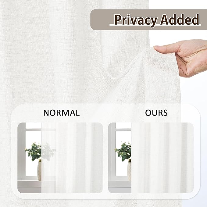 White Linen Pinch Pleated Semi Sheer Curtains 2 Panels 130 Inches Long, Back Tab with Hooks, Window Treatment Curtains for Living Room 42 Inch Wide