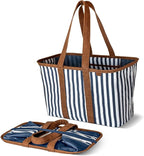 CleverMade Collapsible LUXE Tote - Navy Striped 1 Pack 30L / 8 Gal - Reusable Grocery Shopping Storage Bag Organizer w/ Handles Reinforced Bottom