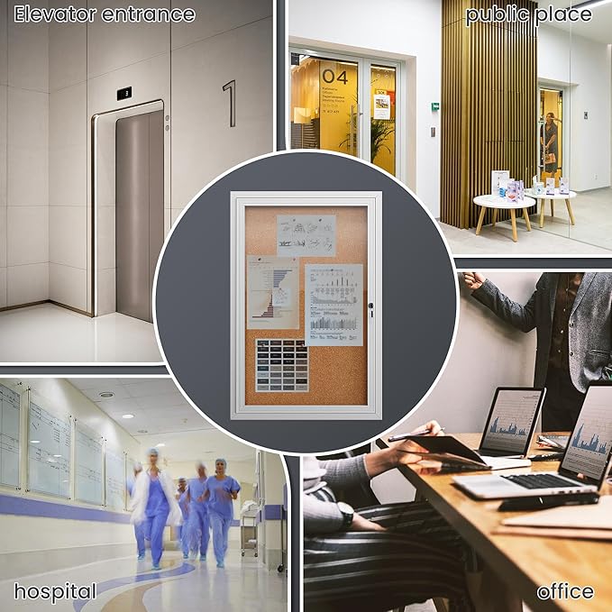 36"x24" Lockable Enclosed Bulletin Board, Outdoor Cork Weather-Resistant Aluminum Frame Notice Board, Wall Mounted Display Case Acrylic Doors for School,Office,Silver Frame w/Cork