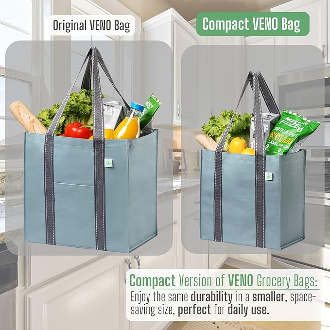 VENO 2-4 Pack Reusable Grocery shopping Bags, Small Tote Bag w/Handle Hard Bottom, Heavy Duty, Foldable Carrier