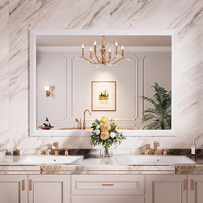 Amorho Bathroom Mirror, 50x36 Inch White Framed Bathroom Mirrors for Over Sink, Wall-Mounted Mirrors for Bedroom, Living Room, Entryway(Horizontal/Vertical).