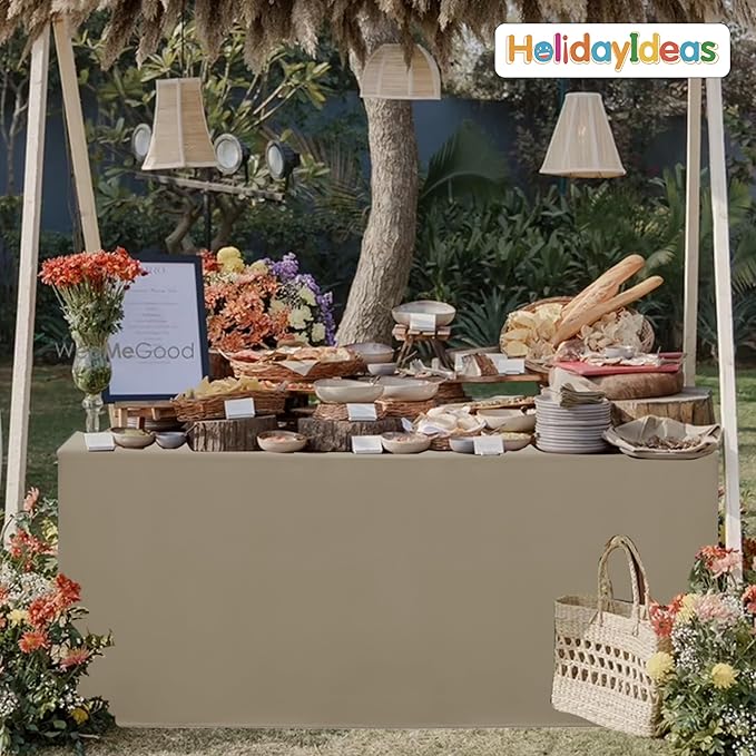 HolidayIdeas Fitted Tablecloths for 8 Foot Rectangle Table, Wrinkle Resistant Washable Table Cover 30x96 Inch for Vendor Booth Display, Banquet, Trade Show, Taupe, 4 Pcs