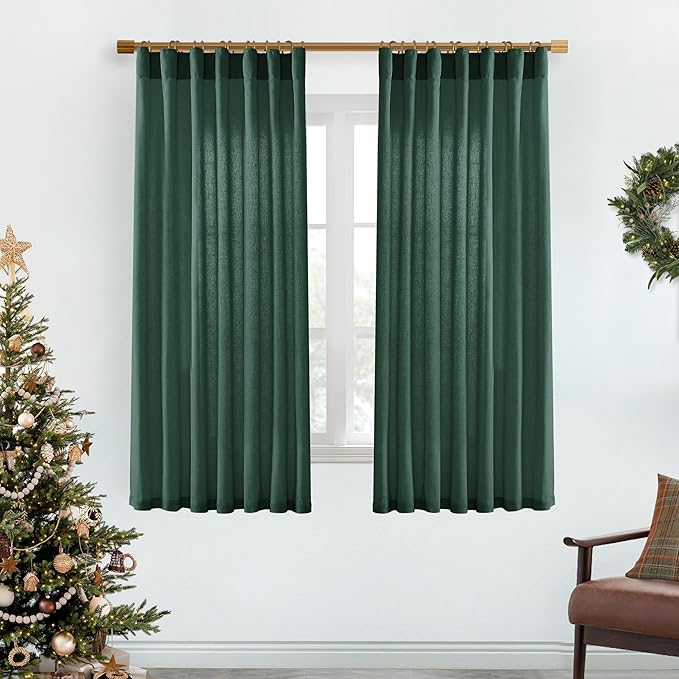 XTMYI Dark Green Curtains for Bathroom Set Decor,Linen Sheer Leaf Green Boho Curtains for Kitchen 63 Inch Length 2 Panels,Deep Pine