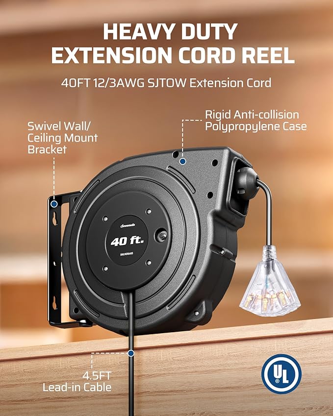DEWENWILS Extension Cord Reel, 40FT Retractable Cord Reel, 12/3AWG SJTOW, Lighted Triple Tap Outlets, 15 Amp Circuit Breaker, Ceiling/Wall Mount, UL Listed