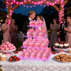 Cupcake Stand – Premium Cupcake Holder – Cady Bar Party Décor – 4 Tier Acrylic Tower Display for Pastry + LED Light String – Ideal for Weddings, Birthday (Pink Light)