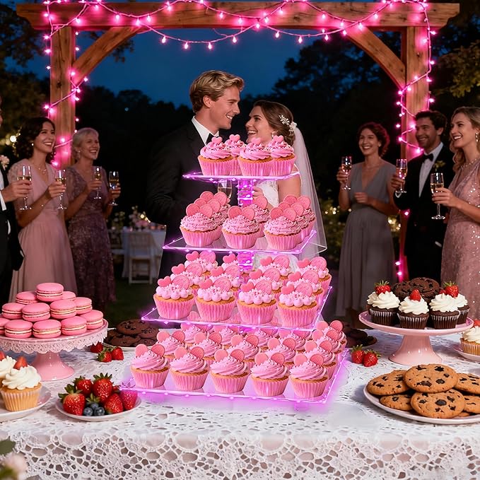 Cupcake Stand – Premium Cupcake Holder – Cady Bar Party Décor – 4 Tier Acrylic Tower Display for Pastry + LED Light String – Ideal for Weddings, Birthday (Pink Light)