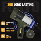FORTO Rechargeable Spotlight, IPX8 Waterproof 40 ft Depth, 420m Beam Distance, 3000 Lumens and 45000 Candela Spot Light, Foldable Hook, for Hiking, Emergency, Camping, Hunting (Green-Base)