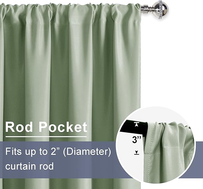 JIUZHEN Blackout Curtains for Bedroom - Thermal Insulated Room Darkening Rod Pocket Curtains for Living Room, Set of 2 Panels with Tiebacks, 42 x 84 Inch Length, Light Green