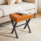 IBUYKE Square Makeup Stool with X-Leg Foot Rest, PU Footrest, Ottoman Seat, Multi-Use as Small Side Table, for Bedroom, Living Room, Light Brown LG-71J