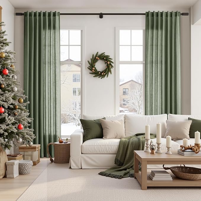 Christmas Olive Green Linen Curtains 84 Inches Long for Bedroom Back Tab Light Filtering Privacy Semi Sheer Curtains Modern Farmhouse Decor Olive Green Curtain for Living Room 2 Panels 52x84