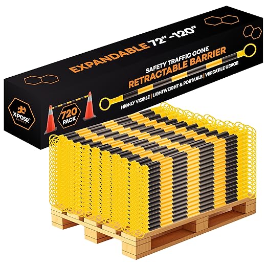 Retractable Barrier for Safety Traffic Cones - 2" OD - Large Yellow and Black Bar Barricade - for Road Construction, Parking, Warning, Temporary Security Divider (720, Yellow & Black, 72" x 120")