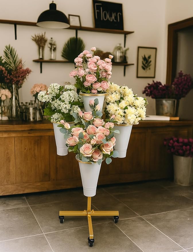 DYALE Flower Display Stand with Buckets - Flower Cart with Wheels for Bouquet Shop, Metal Flower Rack Display Stand for Wedding Garden, Party, Events (Gold, Round buckets)