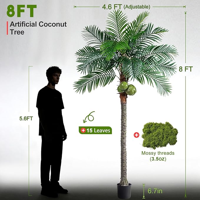 8FT Big Faux Tropical Phoenix Trees Large Artificial Palm Tree Indoor Outdoor Realistic Floor Plants Tall Fake Plant for Home Living Room Office Decor Porch Outside Patio arboles para decoracion